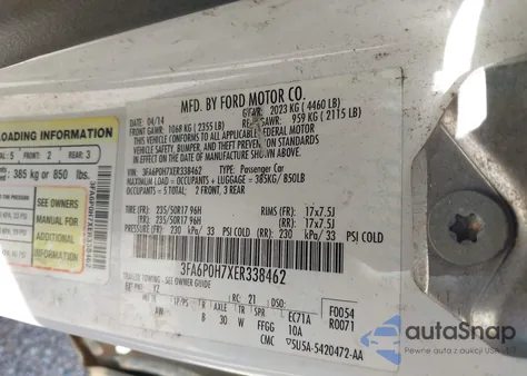 2014 Ford Fusion Se z USA, uszkodzony, nr VIN 3FA6P0H7XER338462